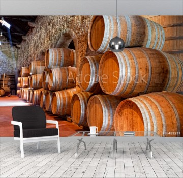 Picture of cellar with wine barrels 